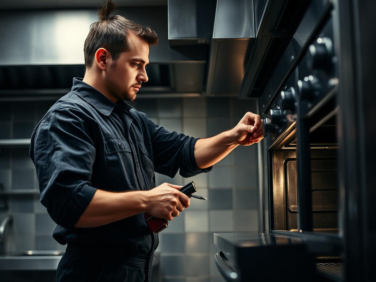 Tehnician GastroTehnic reparând un cuptor profesional
